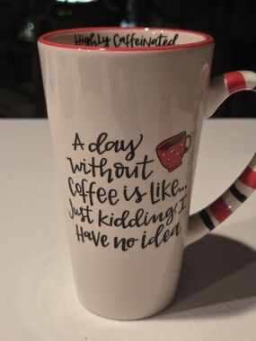 "Highly Caffeinated" Red Rim 6 1/4" Tall Ceramic Mug with Coffee Lovers' Slogan